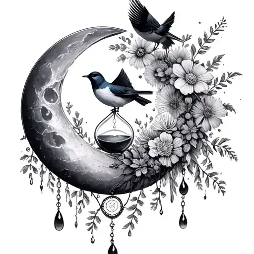 An Hourglass Moon Dream Catcher Filled With flowers And birds Queen Anne's Lace Nature Tears tattoo design idea