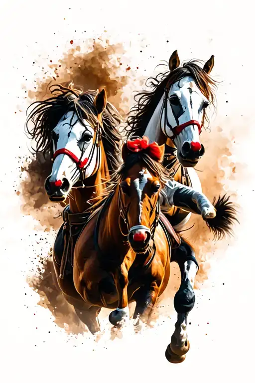 art the clown from the movie Terrifier. with brown background with horses running tattoo design idea