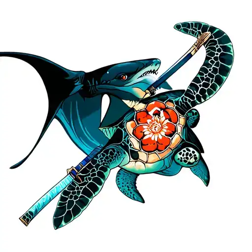 SEA TURTLE, SHARK AND MANTA RAY 3 KATANAS tattoo design idea