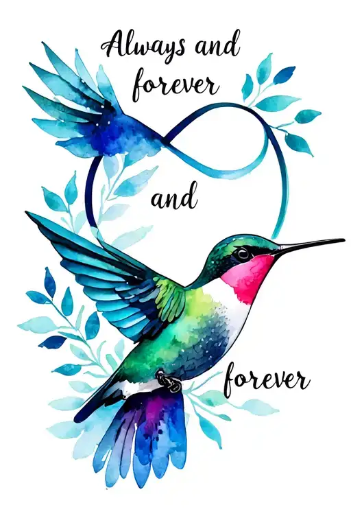 "Always and forever and forever" infinity symbol incorporating elements with hummingbird  tattoo design idea