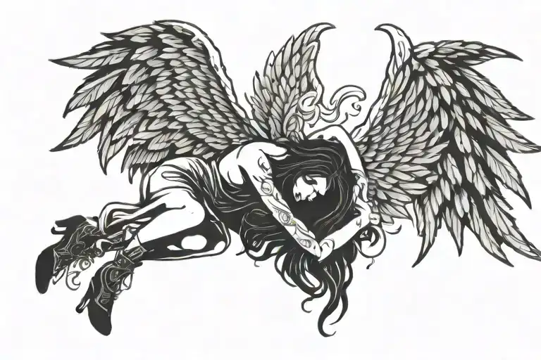 Woman dark angel with wings outline laying on their stomach with wings in the air  tattoo design idea