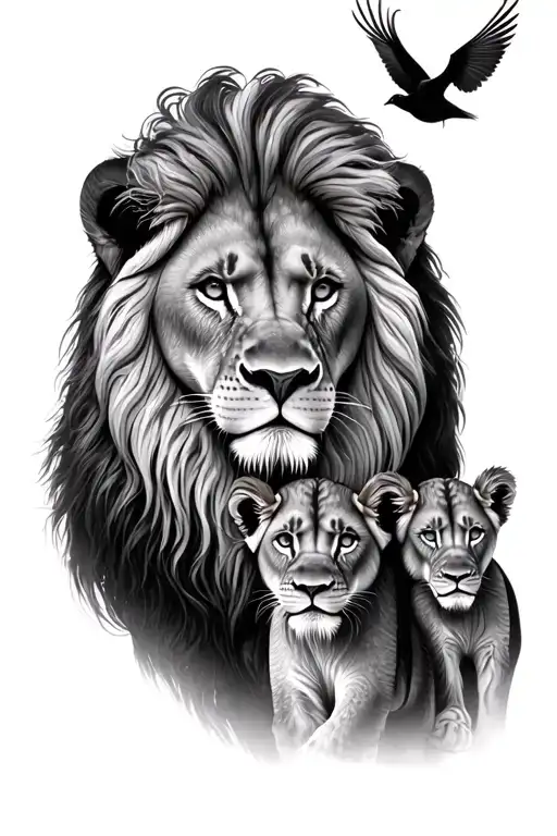 male lion with 3 lion cubs with some birds and scenery tattoo design idea