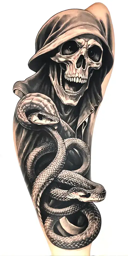 snakes crawling and grim reaper holding tattoo design idea