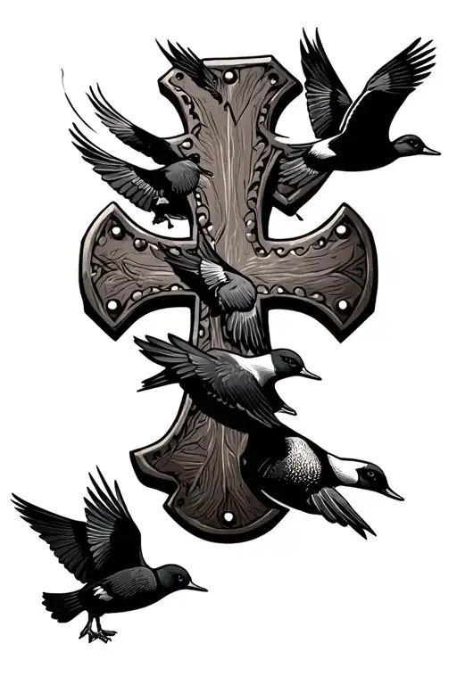 railroad spike cross surround by western leather engraving design with 3 all black flying ducks tattoo design idea