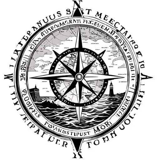 compass with a nautical map inside, text saying "Tempus Fugit Memento Mori", lighthouse, oceans, sunset tattoo design idea