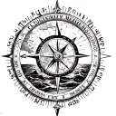 compass with a nautical map inside, text saying "Tempus Fugit Memento Mori", lighthouse, oceans, sunset tattoo design idea