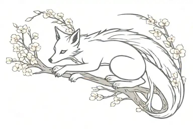 nine tailed fox with cherry blossom tree tattoo design idea
