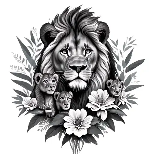a female lion with 4 cubs and a african flower bouquet tattoo design idea