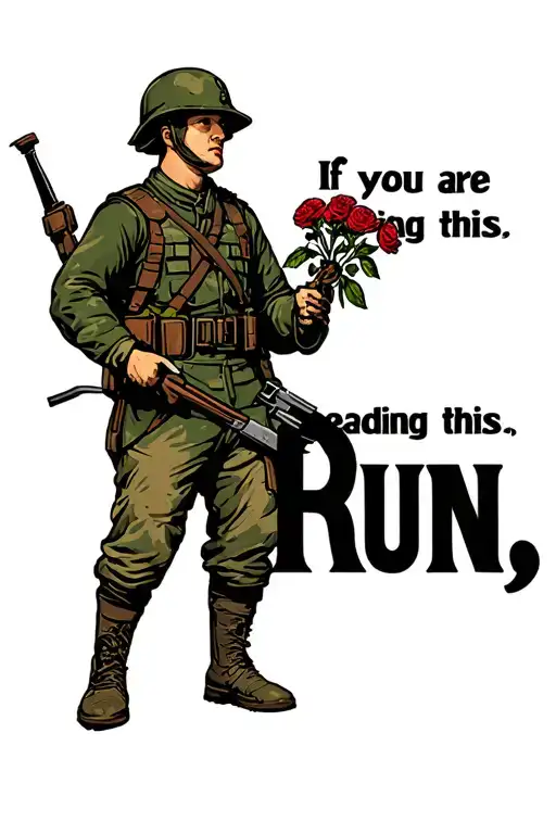 "If you are reading this, Run" a video game styled tattoo army soldier holding Carnations tattoo design idea