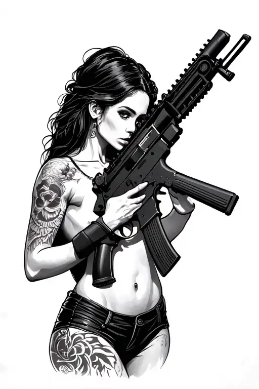 ra15 assault rifle with nude tattoo woman holding it tattoo design idea