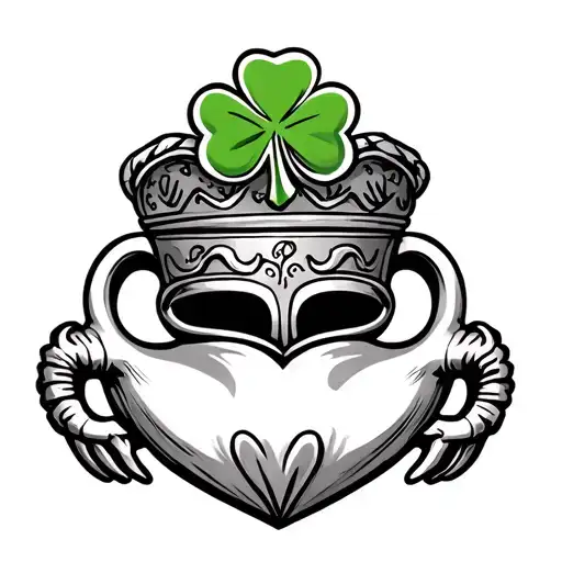 claddagh with designs on both sides and a shamrock on top tattoo design idea
