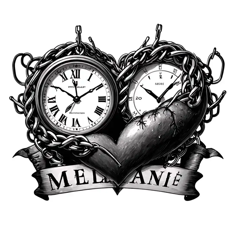 "Mélanie" clock Coeur chain tattoo design idea