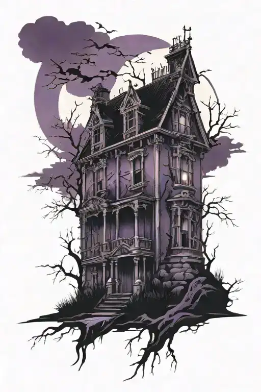 Haunted house graveyard dark purple sky tattoo design idea