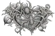 spider and realistic heart with dagger and cross surrounded tattoo design idea