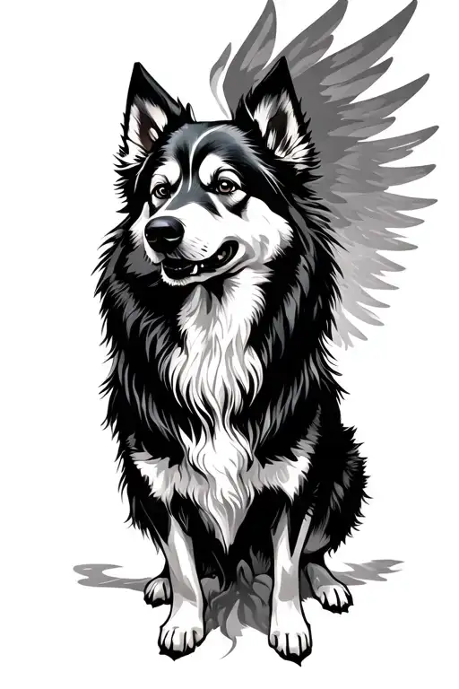 a subtle, connected to soul leaving the body, spitz dog in heaven tattoo design idea