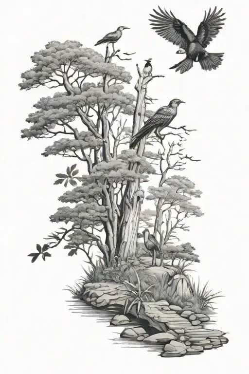 Wooded area with creek flowing to ocean/beach. 5 mocking birds, pelican on a post, black bear and two red wolves tattoo design idea