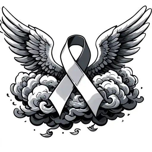 cancer ribbon hidden within the design angel wings shaded clouds says pain and progression  tattoo design idea