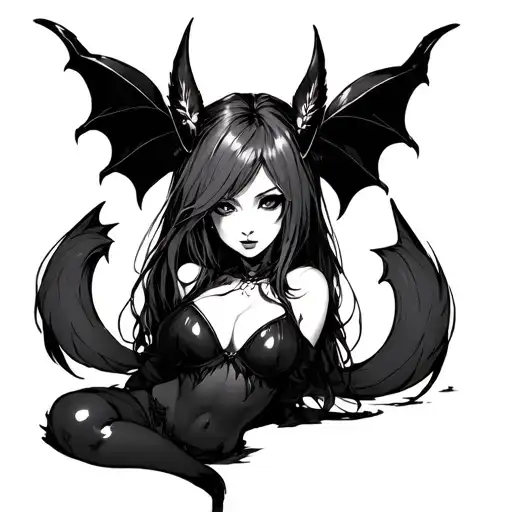 Anime female succubus with fox ears and fox tails, very sexy, in a sketched style tattoo design idea