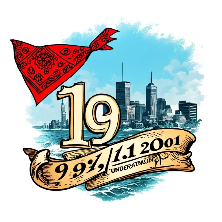 the number 19 colored in with a fainted red bandana and the date "9/11/2001" underneath tattoo design idea