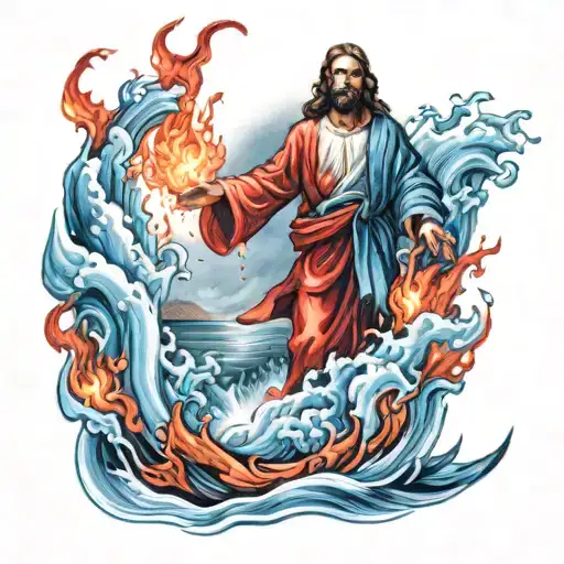 Red and blue flame with Jesus walking on water tattoo design idea