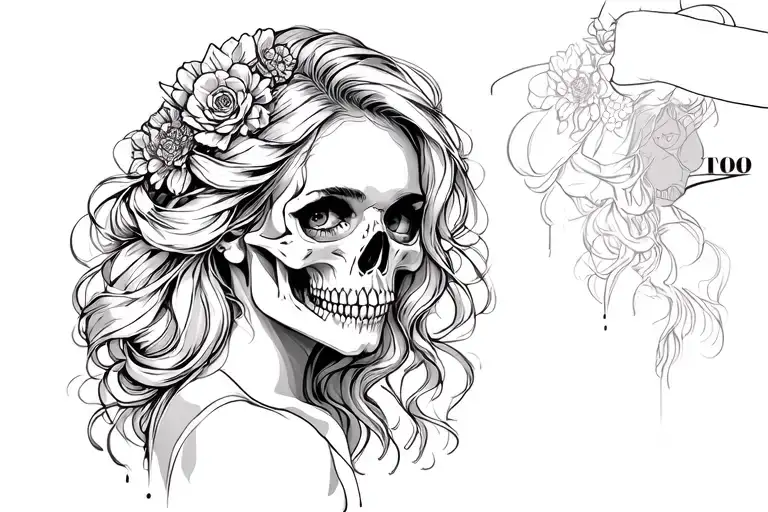 create a tattoo design simple linework only of a sexy woman with a skull face tattoo design idea