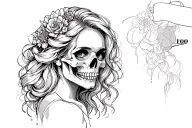 create a tattoo design simple linework only of a sexy woman with a skull face tattoo design idea