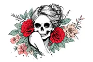 create a tattoo design simple linework only of a sexy woman with a skull face tattoo design idea