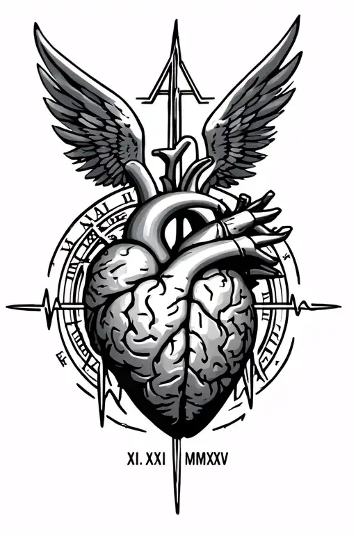 igris from solo leveling, a brain, and a heart with a heartbeat around it with the roman numerals III.XI.MMXXV and wings tattoo design idea