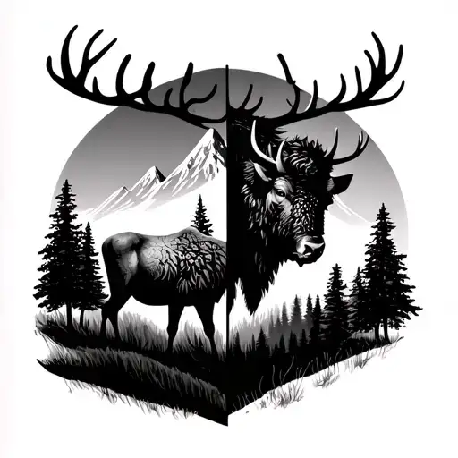 couples tatoo, half day half night, mountains, trees elk or bison tattoo design idea