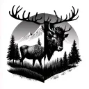 couples tatoo, half day half night, mountains, trees elk or bison tattoo design idea