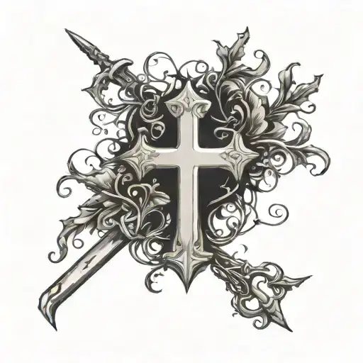 12:58 number above a black cross/sword with small vine  simple  tattoo design idea