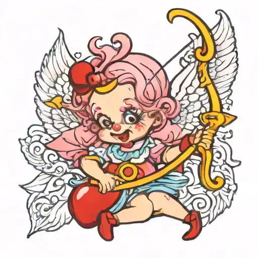 pink and red cute clown girl cherub angel holding a bow and arrow tattoo design idea