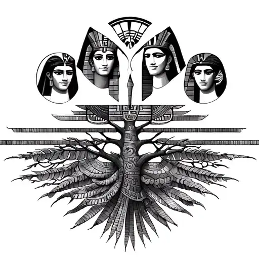 A stylized family tree with each member represented by a different Egyptian god, symbolizing the client's love for both family and Egyptian mythology tattoo design idea