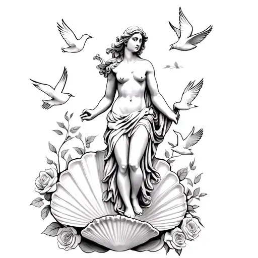 Statue of Greek goddess Aphrodite coming out of seashell surrounded by roses and doves tattoo design idea