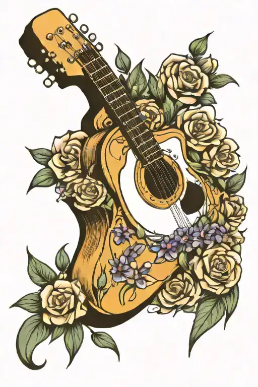 guitar and flowers surrounding tattoo design idea