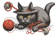 small black cat with witch hat playing with red yarn ball tattoo design idea