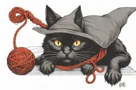 small black cat with witch hat playing with red yarn ball tattoo design idea