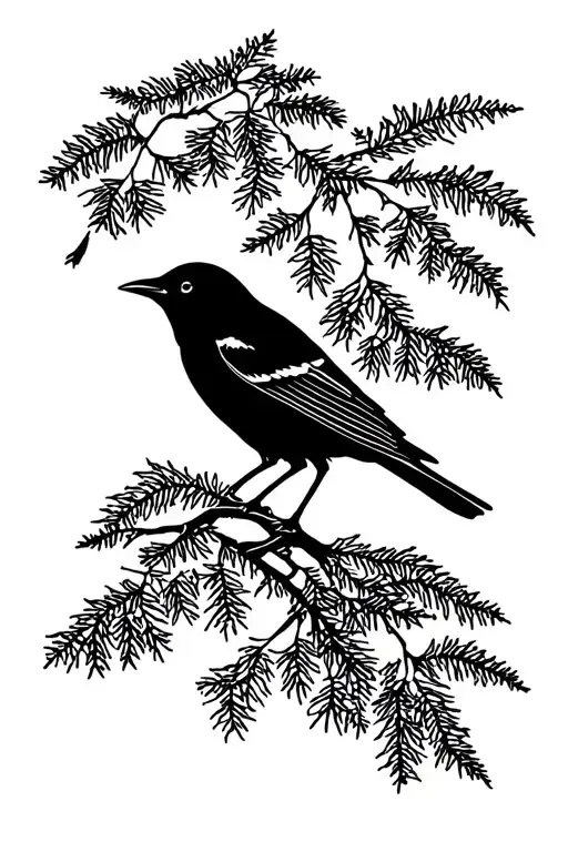 simple blackbird and hemlock tree tattoo design idea
