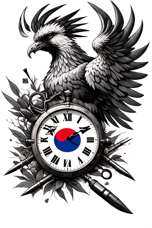 - Phoenix- 9mmbullets- fixedknives- craftsmanship/bushcraft tools- half clock with korean flag and american flag tattoo design idea