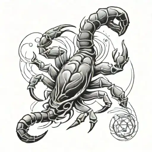 make a scorpion with desert elements behind it. maybe even flames or abstract shapes. tattoo design idea