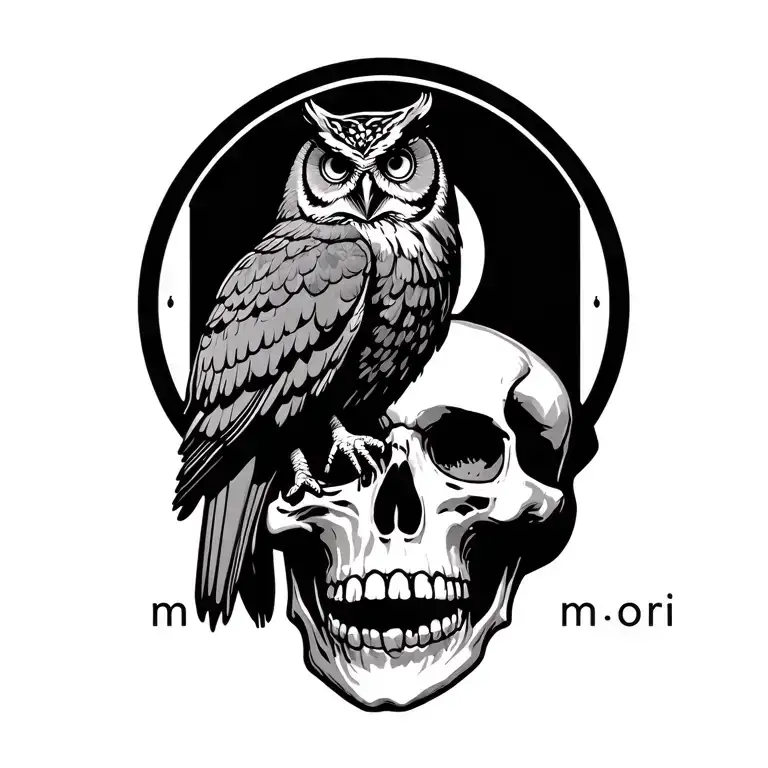 "memento mori" owl sitting on a skull made tattoo design idea