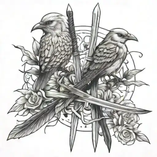 fine line with birds and samaru swords tattoo design idea