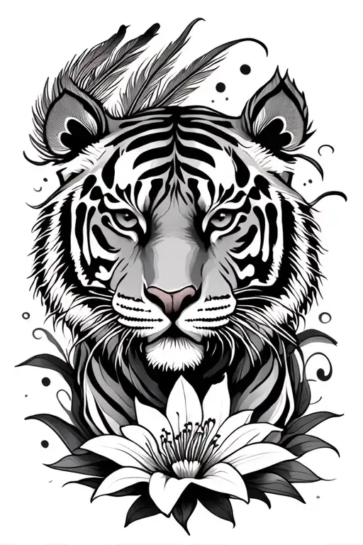 tiger with peacock feather and fire lily tattoo design idea