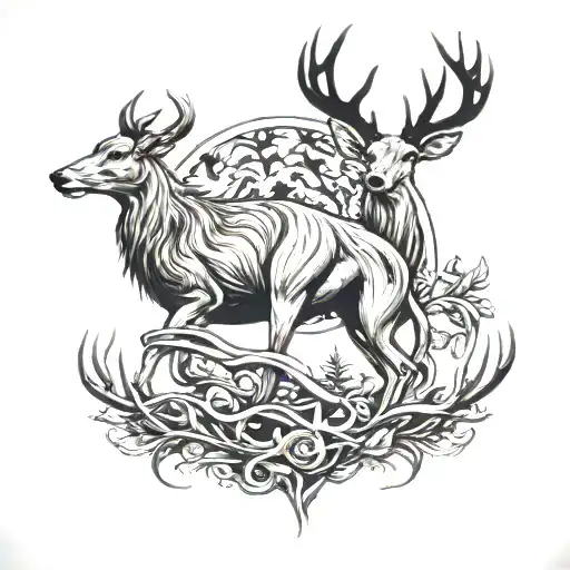 red deer antlers with lurchers chasing tattoo design idea