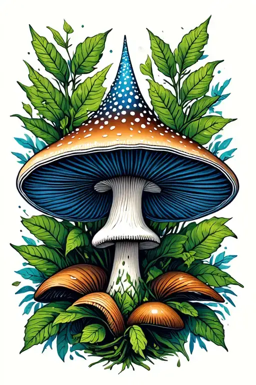 pointy white brown blue psilocybin mushrooms with ayahuasca vines tattoo design idea