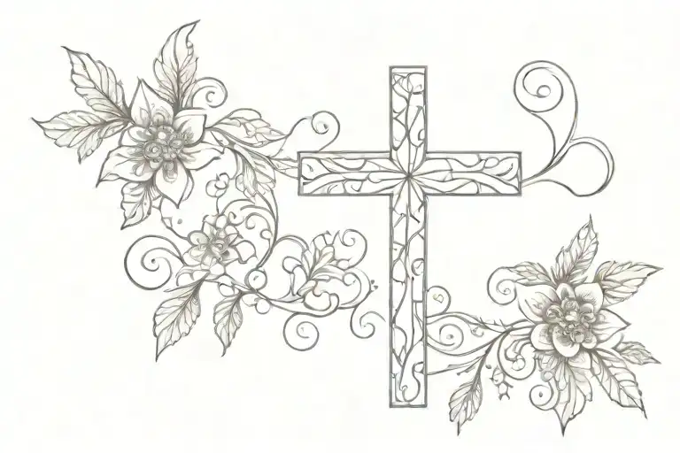 A minimalist representation of a cross made up of intricate floral patterns tattoo design idea
