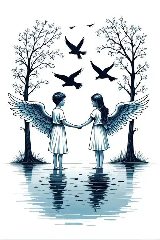 show young boy girl angels from behind holding hands towards lake with four birds flying tattoo design idea