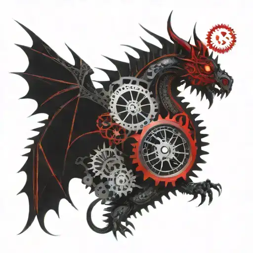 A red dragon with gears and mechanical elements, representing a love for steampunk aesthetics tattoo design idea