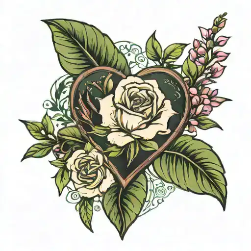 dark green heart with belladonna plant and oleander flower tattoo design idea