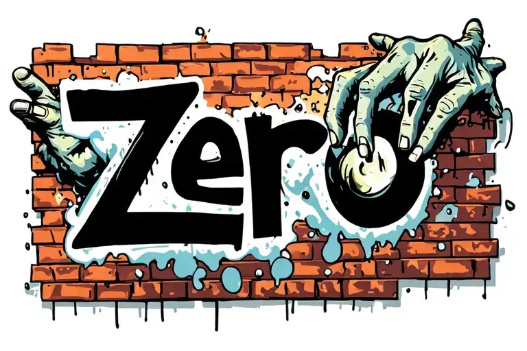 brick wall with graffiti on it, the graffiti is the word zero. with a zombie hands crushing the wall from above tattoo design idea
